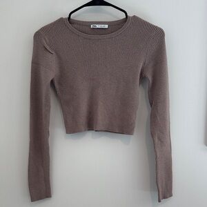 Zara Taupe Ribbed Knit Cropped Sweater